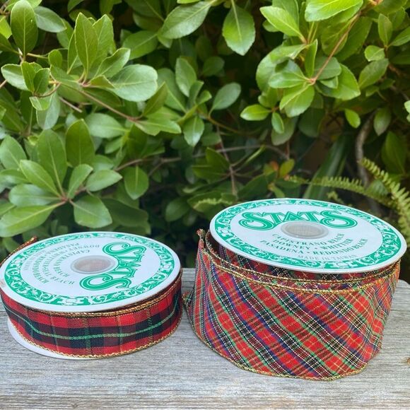 Stats Red Plaid Holiday Christmas Ribbon Two (2) Rolls Packages Gifts Wrapping - Picture 1 of 6